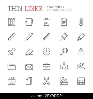 Collection of stationery related line icons. Editable stroke Stock Vector