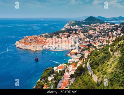 Dubrovnik, Dubrovnik-Neretva County, Croatia.  Overall view of the old city and the port.  The old city of Dubrovnik is a UNESCO World Heritage Site. Stock Photo