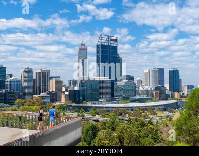 Couple looking at the view of the Central Business District skyline from King's Park, Perth, Western Australia, Australia Stock Photo