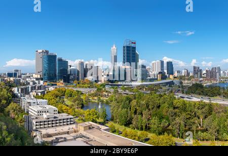 Panoramic view of the Central Business District skyline and David Carr Memorial Park from King's Park, Perth, Western Australia, Australia Stock Photo