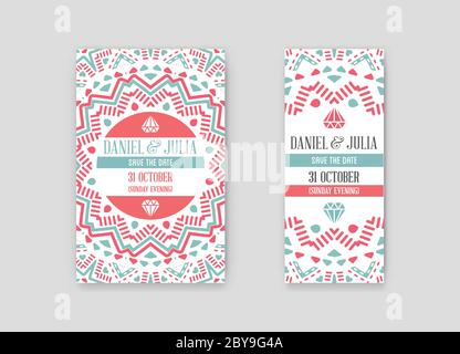 Set of Vector Design Awesome Wedding Invitation Template with Mandala or Doodles Theme. Ideal for Save The Date, Christmas Eve, Mothers Day, Valentine Stock Vector