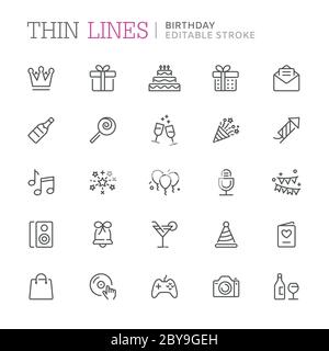 Collection of birthday thin line icons. Editable stroke Stock Vector