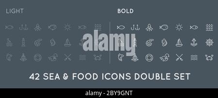 Set of Thin and Bold Vector Sea Food Elements and Sea Signs Illustration can be used as Logo or Icon in premium quality Stock Vector