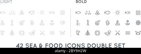 Set of Thin and Bold Vector Sea Food Elements and Sea Signs Illustration can be used as Logo or Icon in premium quality Stock Vector