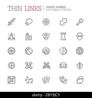 Video game genres related line icons. Editable stroke Stock Vector