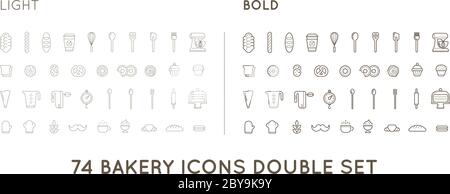 Set of Vector Bakery Pastry Elements and Bread Icons Illustration can be used as Logo or Icon in premium quality Thin and Bold Stock Vector
