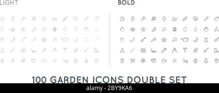 Set of Thin and Bold Vector Garden and Farm Elements and Fruits or Vegetables Icons Illustration can be used as Logo or Icon in premium quality Stock Vector