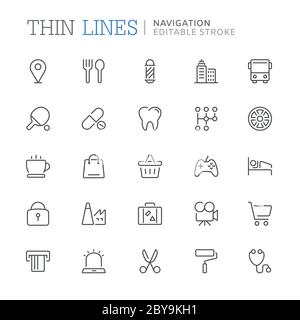 Collection of navigation related line icons. Editable stroke Stock Vector