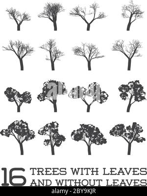 Set of Vector Trees in Silhouettes, Black and White, With and Without Leaves Stock Vector