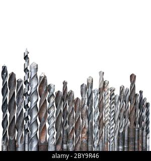 Old rusty drill bits isolated on white background with copy space on top Stock Photo