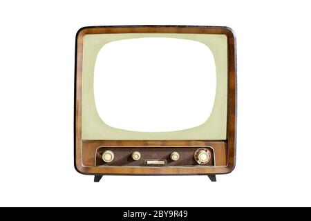 Vintage CRT television set with blank screen isolated on white background, retro analog television technology Stock Photo