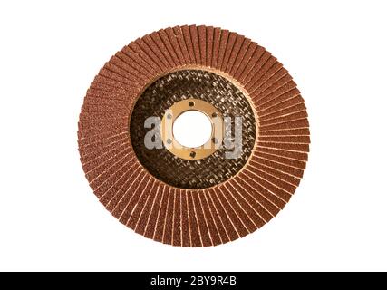 The Polishing disk with brown sandpaper insulated on white background.Instrument for processing the metal or tree Stock Photo