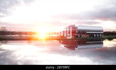 Gasoline tanker, Oil trailer, truck on highway. Very fast driving. 3d rendering. Stock Photo