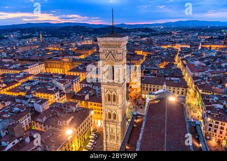 Giotto's Campanile - Aerial dusk view of Giotto's Campanile and Old Town of Florence, as seen from top of Brunelleschi's Dome of Florence Cathedral.