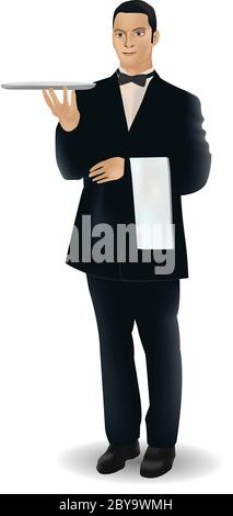 A welcoming waiter character holding a serving platter or silver cloche Stock Vector