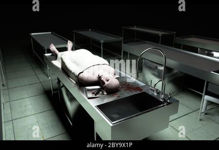 cadaver, dead male body in morgue on steel table. Corpse. Autopsy concept. 3d rendering. Stock Photo