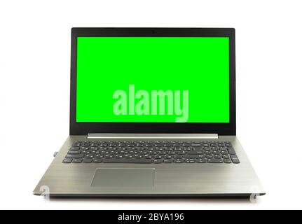 laptop with green monitor isolated on white background Stock Photo
