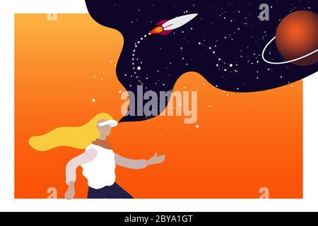 Virtual reality complements reality with new sensations, a girl in a VR helmet sees the expanses of space and fantastic landscapes. Stock Vector