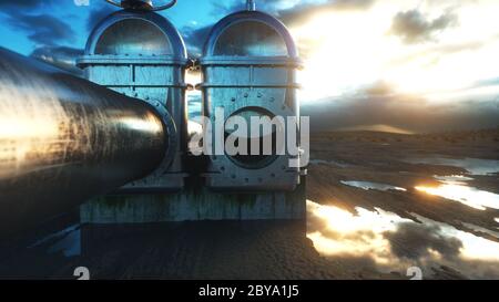 oil, gas valve. Pipeline in desert. Oil concept. 3d rendering. Stock Photo