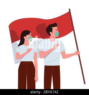 A pair of men and women wearing masks put their hands on their chests while holding the Indonesian flag to show solidarity in the middle of coronaviru Stock Vector