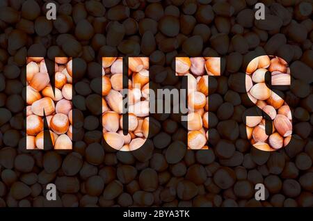 inscription nuts on a background of hazelnuts Stock Photo