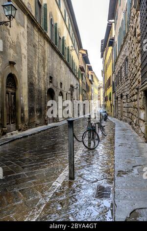 Old Street - Vertical wide-angle view of a narrow stone-paved old street in the historical Old Town of Florence on a rainy Autumn day. Tuscany, Italy. Stock Photo