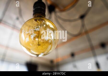 Big vintage incandescent light bulbs hanging in modern kitchen. Decorative antique edison light bulbs with straight wire. Inefficient filament light Stock Photo