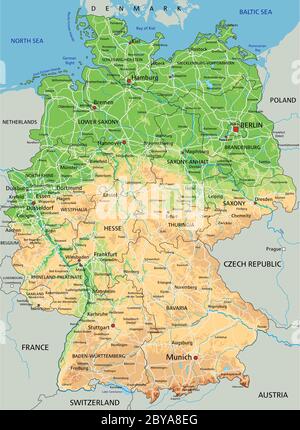 High detailed Germany physical map with labeling. Stock Vector