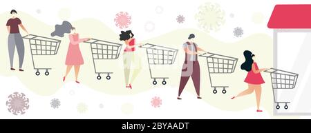 People in line with masks waiting to get to the store. Social distance during shopping. Group of people waiting to buy during Coronavirus time. Flat v Stock Vector