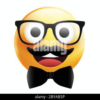 High quality emoticon on white background. Yellow face with mustaches and glasses.Father's day emoji.Mustache emoji.Mustache smiley. Stock Vector