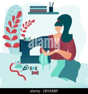 Woman behind sewing machine sewing face medical mask. Coronavirus Covid-19 safety precaution. Decreasing infection risk durind epidemic. Flat design. Stock Vector