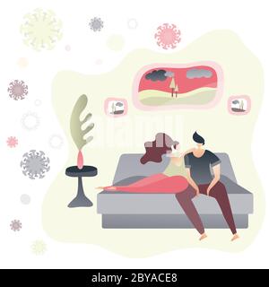 Couple relaxing on sofa during Coronavirus epidemic. Self isolation in quarantine concept. Stay home and prevent illness. Relax and be positive. Stock Vector