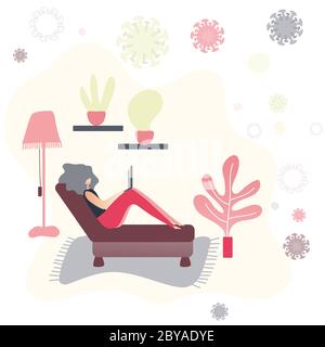 Woman sitting on a sofa with laptop. Working from home concept during the Coronavirus epidemic. Staying home in self isolation. Positive and relaxed t Stock Vector