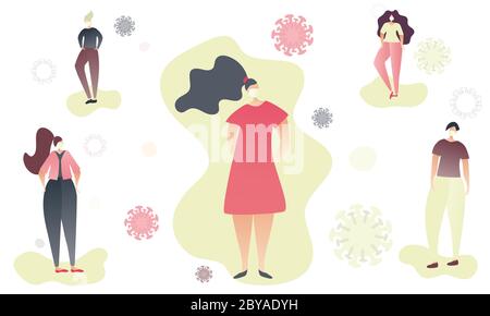 Woman in the middle surrounded by people standing away. Social distance concept during Coronavirus time. Stay safe, wear masks and don't make contacts Stock Vector