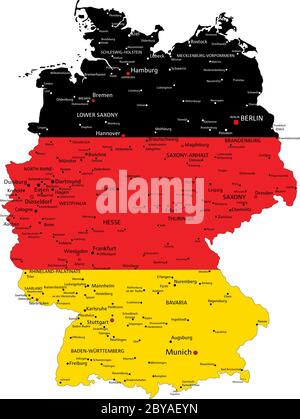 Germany highly detailed political map with national flag isolated on white background. Stock Vector