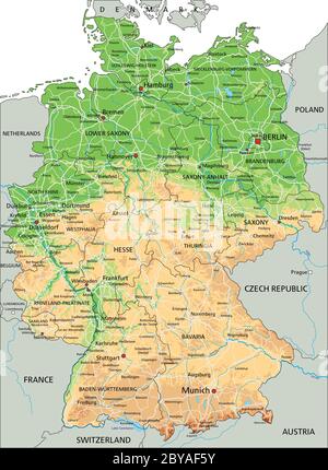 High detailed Germany physical map with labeling. Stock Vector