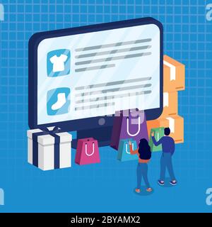 shopping online ecommerce with couple buying in desktop vector illustration design Stock Vector