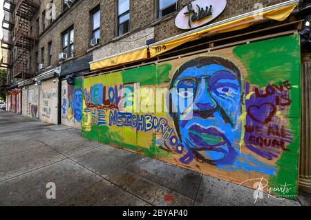 New York City Retailers and Restaurants boarded up during coronavirus pandemic and Black Lives Matter protests to protect from looting. Stock Photo