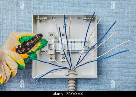 An electrician removes insulation from the end of a copper wire using a stripper cutter. Installation of a switchboard with circuit breakers in a hous Stock Photo