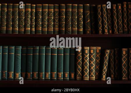 Old books on an archival shelf of library of storehouse. Two rows of books Stock Photo