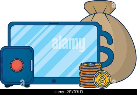 business online ecommerce in tablet with money and safe box vector illustration design Stock Vector