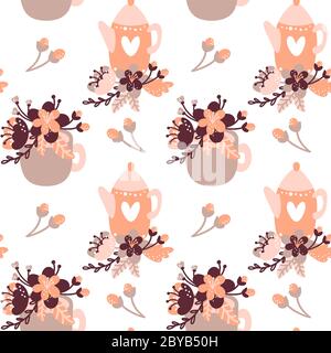 Tea time seamless pattern. Tea party background design. Hand drawn doodle illustration with teapots, cups and sweets with vintage flowers Stock Vector