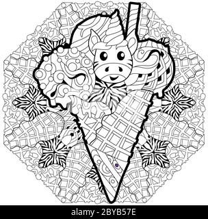 Download Ice cream with unicorn head. Drawn in black and white ...