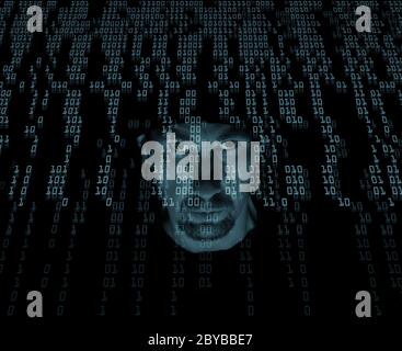 A man in a hood in a stream of binary code. Cyber criminal and data stream with light blue filter background. Stock Photo