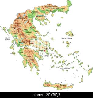 High detailed Greece physical map with labeling. Stock Vector