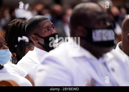 Houston, Texas, USA. 9th June, 2020. Philonise Floyd, left, and his brother Rodney Floyd attend the funeral service for their brother George Floyd at The Fountain of Praise church. Credit: David J. Phillip/POOL/ZUMA Wire/Alamy Live News Stock Photo