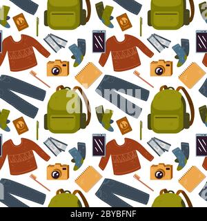 Vector pattern for backpacker, forest, mountain, tourist travel, vacation. Stock Vector