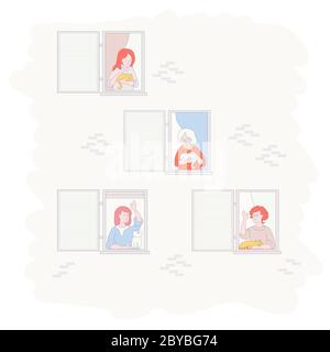 The facade of the house with open windows. Different women neighbors with pets - cats. An elderly woman, a girl, a girl communicate and wave their Stock Vector