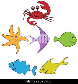 funny figures set of fishes and crab smiling pattern. Hand drown doodle style. Baby dress fabric, T shirt print, postcard, banners. Stock Vector