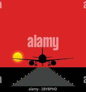 airplane landing on the runway with bulbs illustration Stock Vector